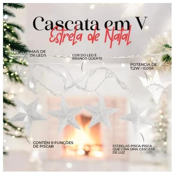 Imagem de Cascata em V Estrela Natal 3 Metros 8 Funções 136 LEDs Branco Quente 110v