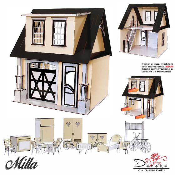 Imagem de Casinha boneca escala Barbie garagem Milla Crem Kit 18MOV AA