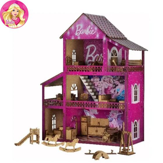 Imagem de Casinha De Boneca Barbie Rosa Mdf Com 41 Mini Móveis Montada