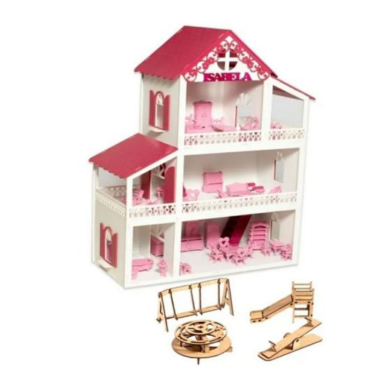 Imagem de Casinha De Boneca Branca e pink Mdf + 36 Móveis Rosa + Led + parquinho Montada