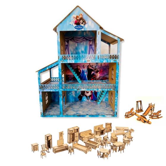 Imagem de Casinha De Boneca Frozen Azul Mdf Com 41 Mini Móveis Montada