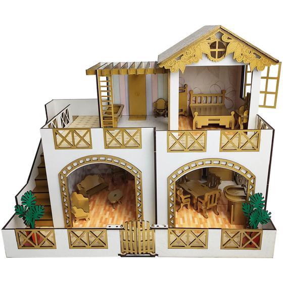 Imagem de Casinha de Bonecas Infantil em Madeira MDF Casa de Brinquedo 2 Andares com 22 Móveis Sulartes Dourada