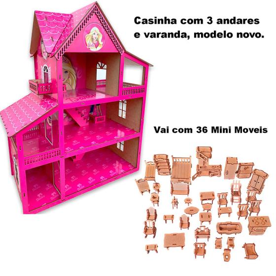 Imagem de Casinha Rosa Em Madeira MDF Infantil Acompanha Mini Móveis