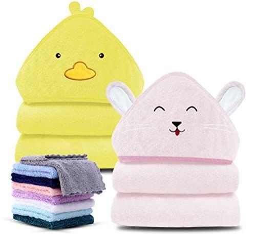 Imagem de Castelo Bonito 2 Pacote Bambu Hooded Baby Towel 8 Toalhas de Banho - Toalha de Banho Macia para Banheira para Babie, Recém-Nascido, Bebê - Ultra Absorvente, Toalha natural para menino e menina (pato e coelho)