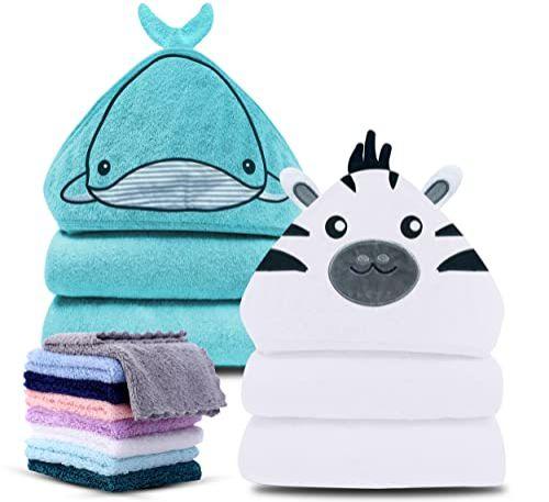 Imagem de Castelo Fofo 2 Pacote Bambu Hooded Baby Towel 8 Toalhas de Banho - Toalha de Banho Macia para Banheira para Babie, Newborn, Infant - Ultra Absorbent, Natural Baby Stuff Towel for Boy and Girl (Zebra and Whale)