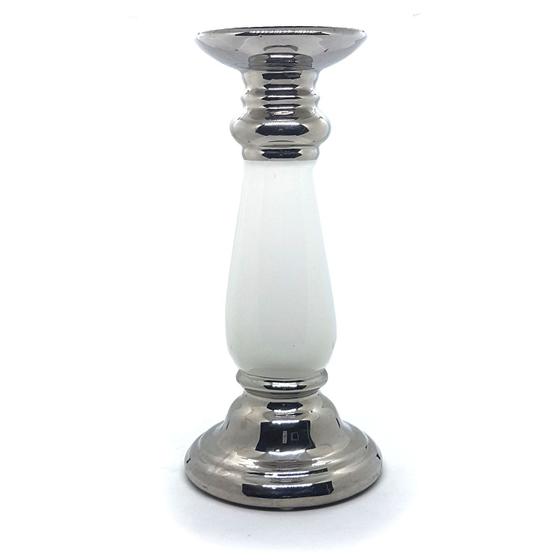 Imagem de Castiçal de Cerâmica Porta Velas Prata c/ Branco 26 cm