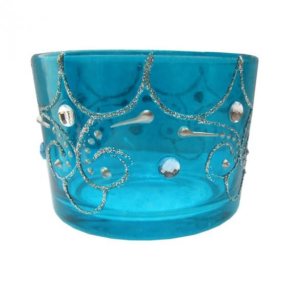 Castiçal de vidro decorado p/ queima de vela 5cm - azul Menor preço em Castiçal de vidro decorado p/ queima de vela 5cm - azul