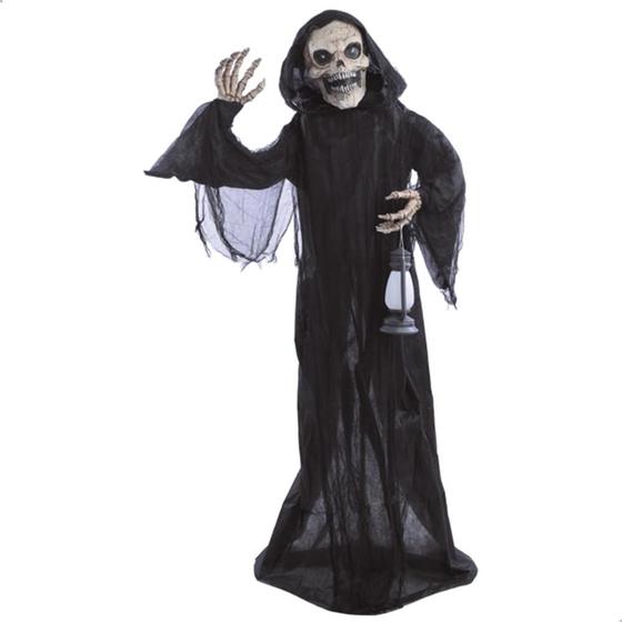 Imagem de Caveira Preta com Lâmpada para Decoração de Halloween 10x28x11cm 1Un em Poliéster, PVC e Plástico