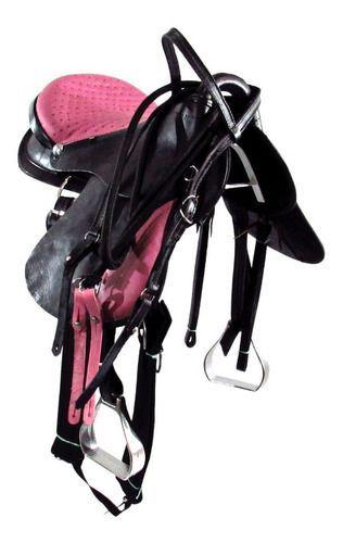 Imagem de Cela De Couro Com Aba Inox Arriada Preta Com Rosa Original Completa