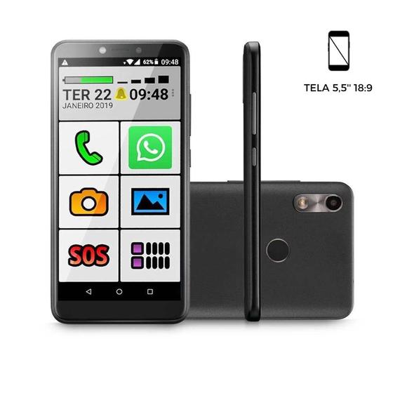 Imagem de Celular do Idoso Multi F 3G 32GB 1GB RAM Biometria Tela 5.5'' Dual Chip Preto - P9130