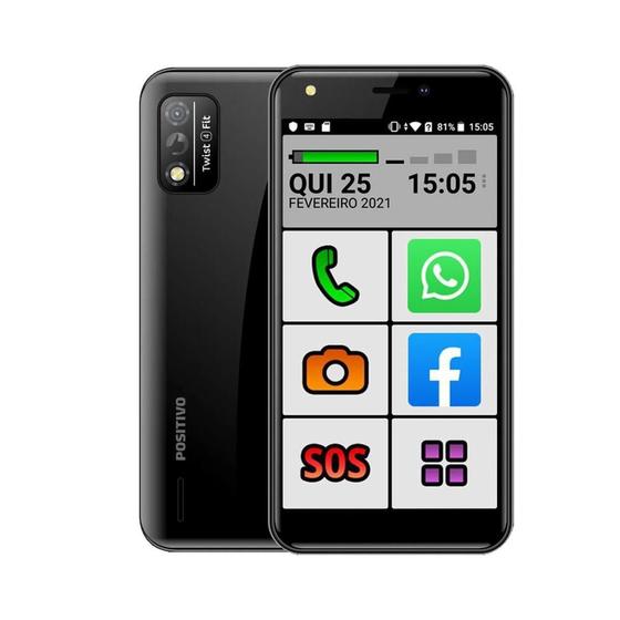 Celular do Idoso Positivo com Letra e Ícones Grandes 32gb Dual Chip Tela 5' Botão S.O.S Radio FM MP3 Câm de 8MP + Frontal 5MP Android 10 - Preto Menor preço em Celular do Idoso Positivo com Letra e Ícones Grandes 32gb Dual Chip Tela 5' Botão S.O.S Radio FM MP3 Câm de 8MP + Frontal 5MP Android 10 - Preto