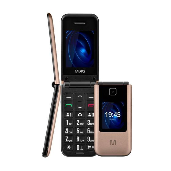 Celular Multilaser Flip Vita Duo Dual Chip + Botão SOS + Rádio FM + MP3 + Bluetooth + Câmera Dourado - P9163X Reembalado Menor preço em Celular Multilaser Flip Vita Duo Dual Chip + Botão SOS + Rádio FM + MP3 + Bluetooth + Câmera Dourado - P9163X Reembalado