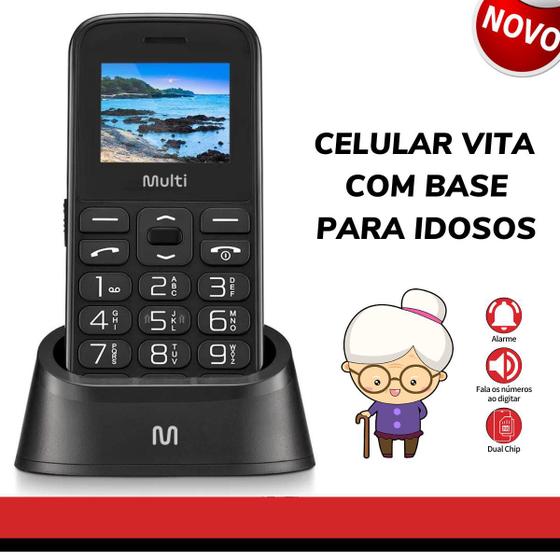 Imagem de Celular Telefone Idoso Vita Com Base para Carregar 2 Chips Botão SOS de Emergência 2G