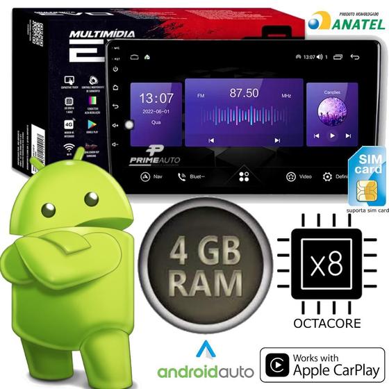 Imagem de Central Multimídia Android 9 Poleg 4 GB Ram 64 Rom Octacore Carplay sem Fio Sim Card EVO R8