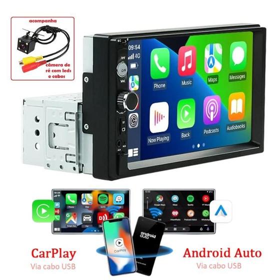 Imagem de Central Multimídia Com CarPlay e Android Auto por USB, MP5 1Din, Tela de 7 Pols, Bluetooth, USB e Compatível com Câmera