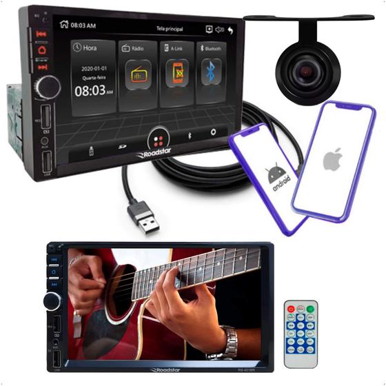 Imagem de Central Multimídia MP5 Roadstar 7 Polegadas Full Touch 1DIN Espelhamento Android e IOS USB Bluetooth  Câmera de ré