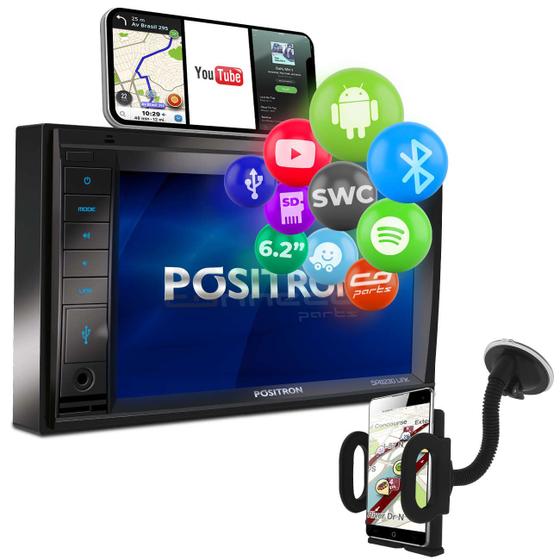 Imagem de Central Multimídia Pósitron 2 Din SP8230 6.2” Bluetooth Espelhamento Android + Suporte GPS Celular