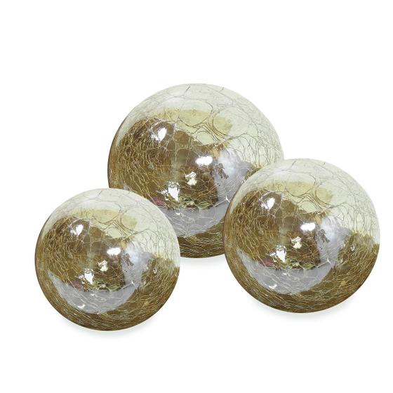 Imagem de Centro de mesa Enfeite Conjunto Trio De Esferas Bolas Decorativa Vidro Craquelado Ambar Dourado