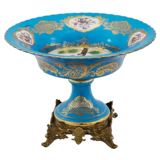 Imagem de Centro De Mesa Porcelana Azul Francesa Base Bronze Luxuoso