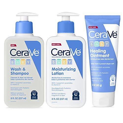 Imagem de CeraVe Baby Essentials para  de hora do banho Baby Wash&Shampoo, Baby Lotion & Diaper Rash Cream  Conjuntos de presentes para bebês Fragrância, Paraben, Corante & Ftalatos Livre8o z Shampoo+8oz Loção+3oz Pomada