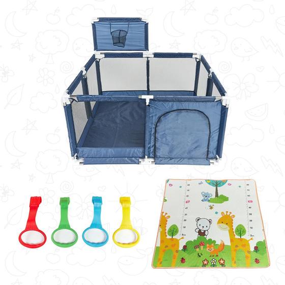 Imagem de Cercadinho Asafe Confort Plus Azul + Anel Gancho de Tração + Tapete Infantil para Cercadinho