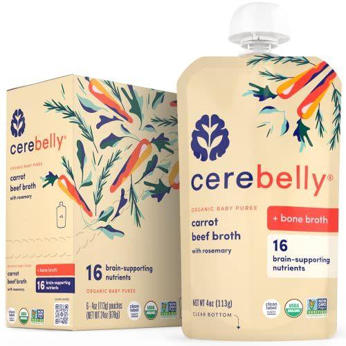 Imagem de Cerebelly Baby Food Pouches  Caldo de Osso de Cenoura + Alecrim (12 Contagens)  Lanches Saudáveis para Crianças  Purês Orgânicos de Frutas e Vegetais  16 Nutrientes de Suporte ao Cérebro de Superalimentos