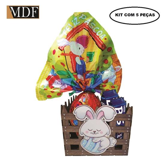 Imagem de Cesta com Cercado e Aplique Coelho Ovo Azul Páscoa Kit 5 Un. 15X15x12 Mdf Madeira Adesivado