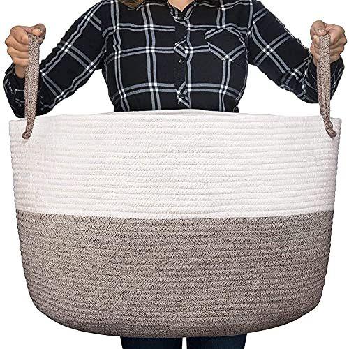 Imagem de Cesta de armazenamento de berçário Luxury Little XXXL - Cesta de corda 100% algodão com alças - Organizador de brinquedos e armazenamento para lavanderia, cobertores, travesseiros - 22 x 22 x 14 polegadas (branco e bege)