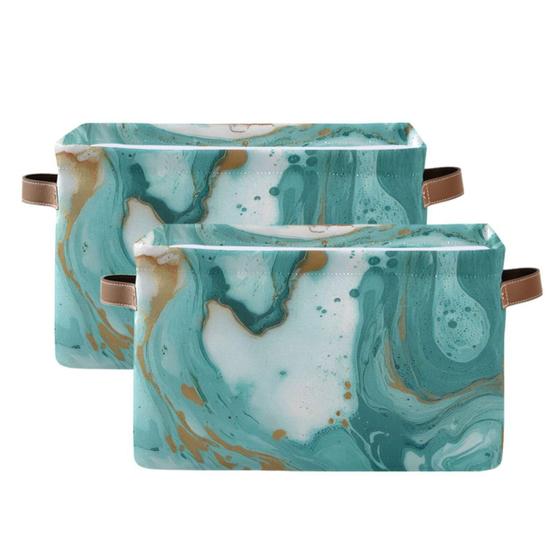 Cesta de armazenamento KEEPREAL com textura de mármore turquesa 38x28x24cm, pacote com 2