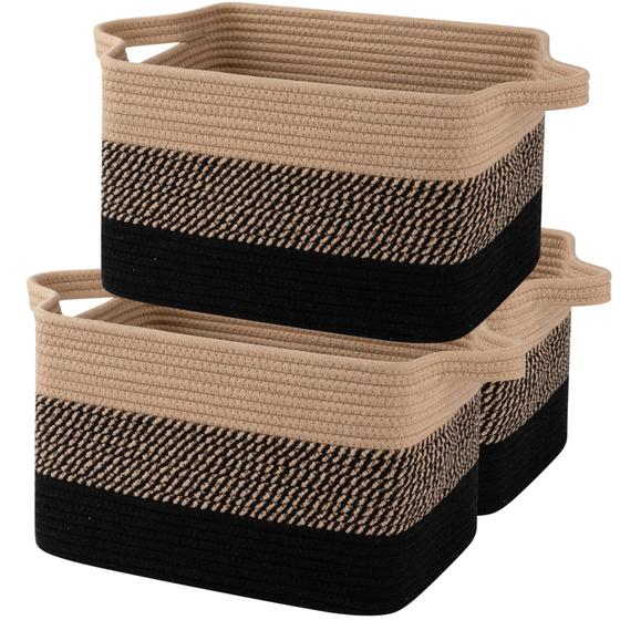 Imagem de Cesta de Armazenamento OIAHOMY - Corda de Algodão Trançada - Pacote com 3 (Preta e Marrom)