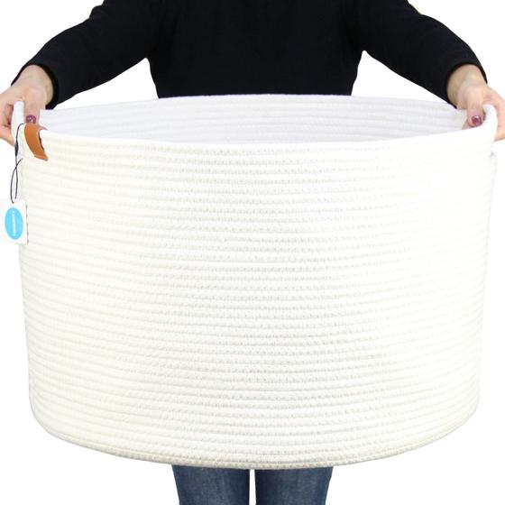 Imagem de Cesta de Cobertor Grande Casaphoria - Cesta de Armazenamento de Algodão para Sala - Creme Branco (21x13,8 pol)