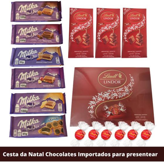 Cesta de Natal de Chocolates Nobres Para Presentear Lindt e Milka
