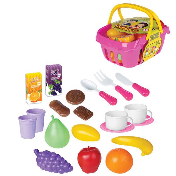 Imagem de Cesta de PicNic Rosa 20 Acessórios Brinquedo Braskit