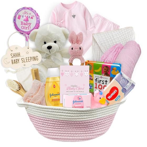 Imagem de Cesta de presentes Beyond the Box New Baby Girl com itens essenciais para recém-nascidos