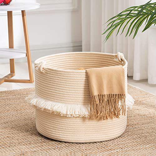 Imagem de Cesta de Tassel YOUDENOVA, Cesta de Brinquedos Boho para Sala de Garotas, Cesta de Lavanderia Pequena com Alças de Nó, Cesta de Sala de Estar de Corda Tecida Branca, Bege,16" x 13"