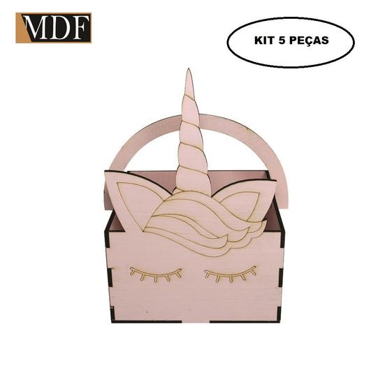 Imagem de Cesta de Unicornio com Alça para Decoração Kit 5 Un. Mdf Madeira Gel Rosa