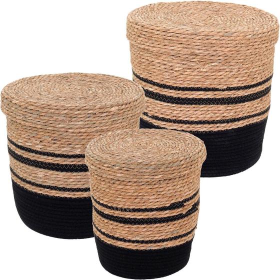 Imagem de Cesta fibra preto 3pç com tampa