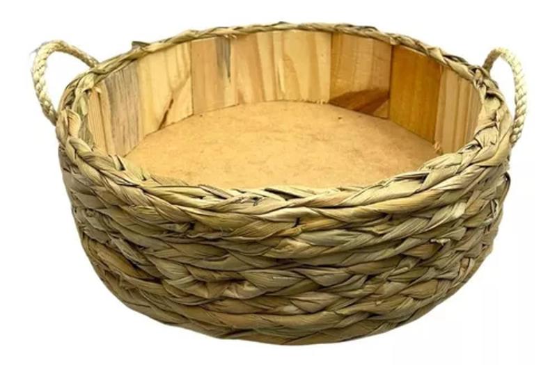 Imagem de Cesta Redonda Madeira Trançada C Taboa Alça Palha Ref 919