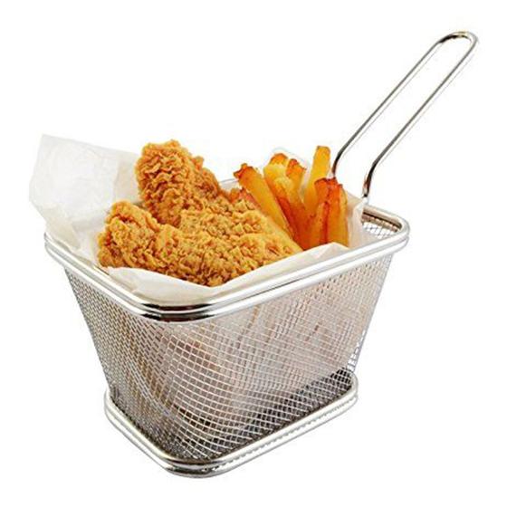 Imagem de Cesta Retangular Em Aço Inox Bandeja Cesto Para Servir Porções Petiscos Frango e Batata Frita Modelo Grande 25cm