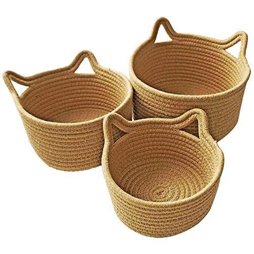 Imagem de Cestas Tecidas Pequenas  Mini Caixas de Armazenamento  Cotton Rope Baby Nursery Organizadores  Cesta de orelhas de gato redondas bonito para organizar a decoração da mesa Kids Toy Dog Cat Baby Girls Gifts-Set de 3 (bege)