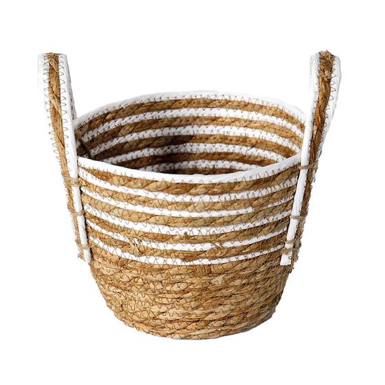 Imagem de Cesto de Fibra Natural Branco C/ Alça Médio Ø26x20cm p/ Organização Decoração