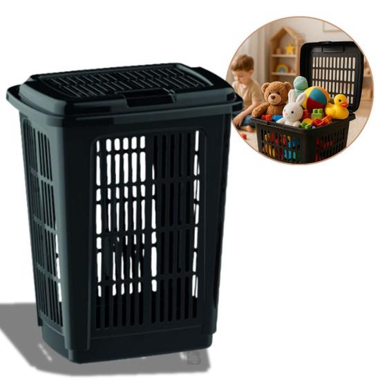 Imagem de Cesto de Roupa Grande 30 ou 60L Para Lavanderia Organizador Retangular Telado com Tampa Resistente