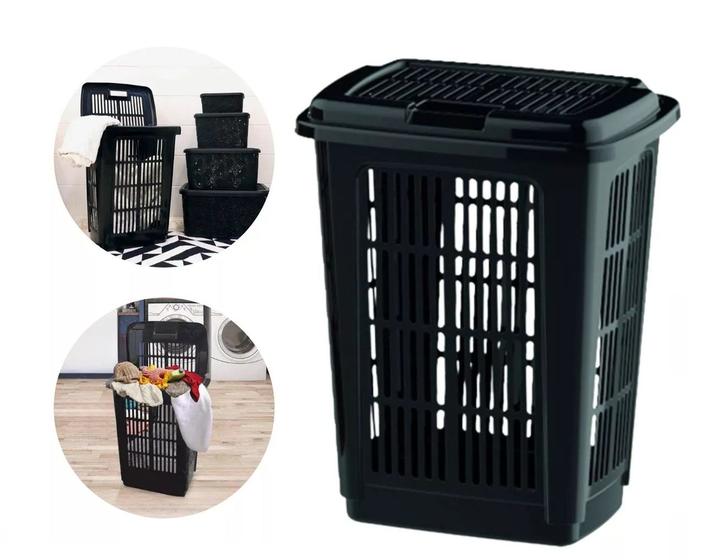 Imagem de Cesto de Roupa Lixeira Lavanderia Multiuso Preta 60 Litros