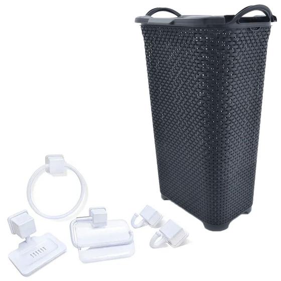 Imagem de Cesto de Roupa Rattan 50L + Kit Banheiro 5Pçs Caribe Branco