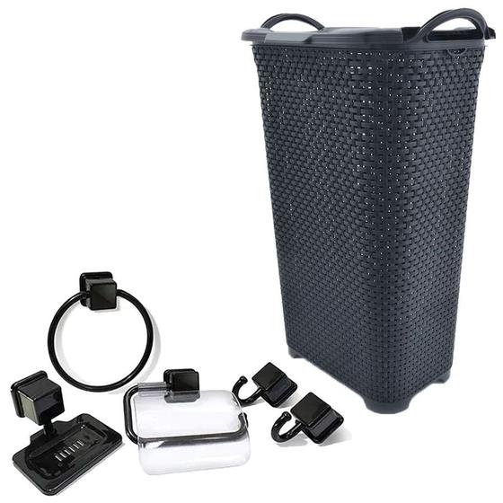 Imagem de Cesto de Roupa Rattan 50L + Kit Banheiro 5Pçs Caribe Preto