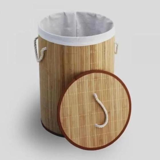 Imagem de Cesto de roupa suja bambu banheiro lavanderia rendondo forrado e com tampa caixa organizadora