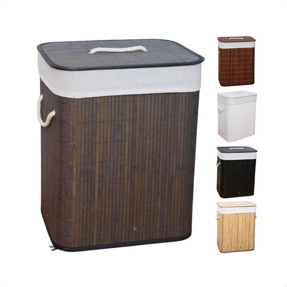 Imagem de Cesto de roupa suja de bambu com tampa e alças 50 litros organizador lavanderia brinquedos
