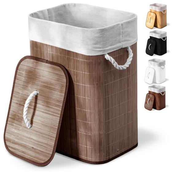 Cesto de roupa suja de bambu com tampa e alças 50 litros organizador lavanderia brinquedos – KONTUZ HOME