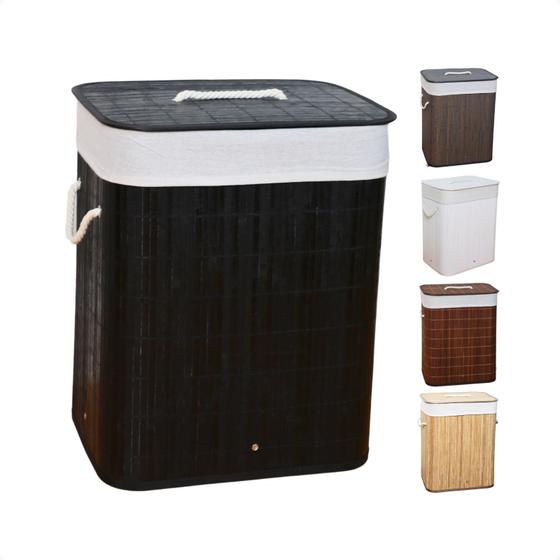 Imagem de Cesto de roupa suja de bambu com tampa e alças 50 litros organizador lavanderia brinquedos