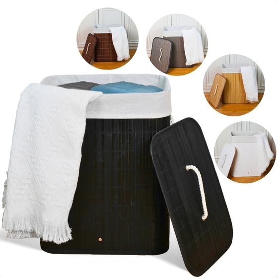 Cesto de roupa suja de bambu com tampa e alças 50 litros organizador lavanderia brinquedos - KONTUZ HOME Imagem de Cesto de roupa suja de bambu com tampa e alças 50 litros organizador lavanderia brinquedos